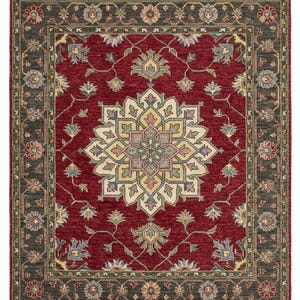 Vintage-Style Hand-Knotted Oushak Rug - Deep Ruby Red & Sage Green Wool Carpet - Traditional Medallion Oriental Area Rug for Living Room
