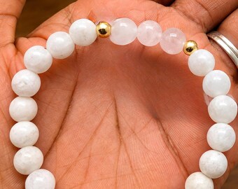 Moonstone and Rose Quartz Bracelet  8mm Beaded Stretch Bracelet  Healing Crystal Jewelry  Love & Intuition Gift