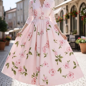 knee length dresses for ladies Berrylush Women Pink Floral Printed Crepe Ruffled A-Line Midi Dress main image 1