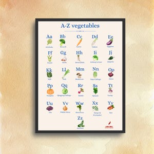 May include: A rectangular educational wall poster titled A-Z vegetables, featuring blue uppercase and lowercase letters paired with watercolor illustrations of various vegetables from artichoke to zucchini, all set against a light cream background.