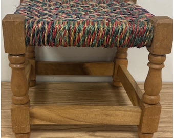 Vintage Pier 1 Solid, Oak Multicolored Woven Foot Stool 14"x14"