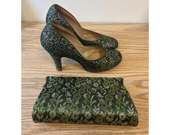 Vintage 60s Greene & Gold Brocade Shoes Sz 7  w/Matching Clutch