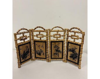 Vtg Oriental Folding Table Top Screen Handpainted 4 Panel 2 Sided
