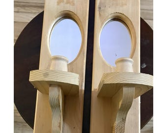 ヴィンテージ 未塗装 木製＆鏡面仕上げ 壁掛けキャンドルホルダー 2個セット アメリカ製