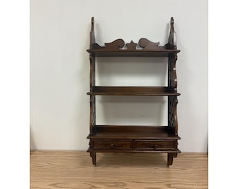 Solid Mahogany Hardwood Ornamental 3 Tiered Wall Shelf Display w/ 2 Drawers