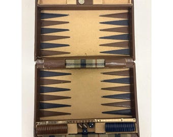 Vintage Aries Of Beverly Hills Backgammon Set Brown And Navy Plaid Incomplete