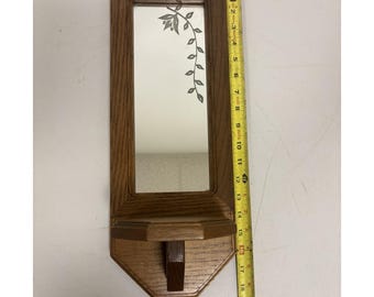 Vintage Wooden Wall Mount Shelf With Small Etched Mirror 17"