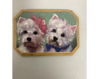 Two Westies's Print On Wooden Plaque Boy And Girl Vintage Ready To Hang