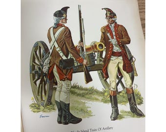 Gravuras militares antigas: Trem de artilharia de Rhode Island e uniformes de Napoleão.