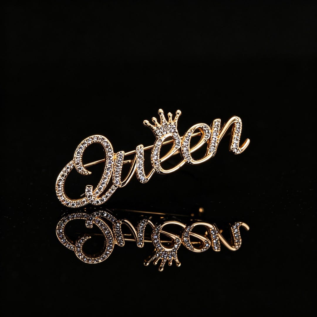 Script Brooch Queen Brooch Crown Pin, Rhinestone Letter Brooch, Gold Script Brooch ...