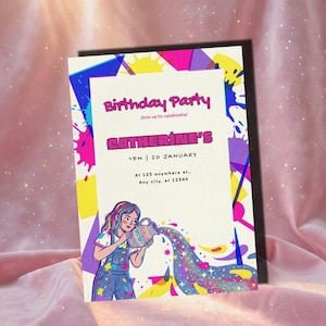 May include: A colorful birthday party invitation with the text "Birthday Party" and "Catherine's". The invitation features an illustration of a person pouring glitter from a pitcher. The date and time are also included.