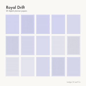 Puede incluir: Una colección de 20 papeles de planificación digitales titulada Royal Drift de Ledger & Leaf Co. El conjunto presenta hojas rectangulares de color morado claro con varios diseños de cuadrícula, puntos y líneas, organizados en una cuadrícula sobre un fondo claro.