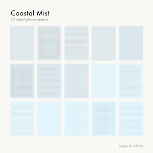 Puede incluir: Una colección de 20 papeles digitales para planificador titulados Coastal Mist de Ledger & Leaf Co. El conjunto presenta varios diseños de página en azul claro y blanco, incluyendo cuadrículas de puntos, cuadrículas, líneas y páginas en blanco.