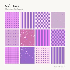 Könnte beinhalten: Eine Sammlung von 12 nahtlosen digitalen Papieren mit dem Titel Soft Haze, die verschiedene lila und rosa Muster wie Punkte, vertikale Streifen, Schachbrettmuster, Pluszeichen, Gitter und verstreute Konfetti auf hellem Grund zeigen.