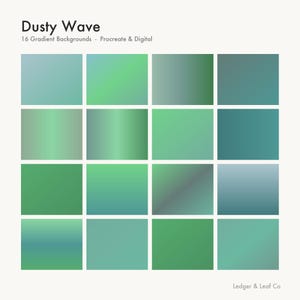 Puede incluir: Una colección de 16 fondos degradados digitales titulada Dusty Wave, que presenta varios tonos de verde y verde azulado. El texto dice Dusty Wave, 16 Gradient Backgrounds - Procreate & Digital, y Ledger & Leaf Co en la esquina inferior derecha.