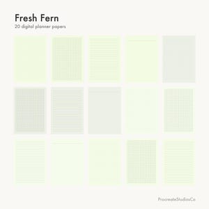 Puede incluir: Una colección de 20 papeles digitales para planificador titulada Fresh Fern, que presenta varios diseños de página en verde claro con cuadrícula, líneas, puntos y en blanco dispuestos en una cuadrícula. El texto Fresh Fern 20 digital planner papers y ProcreateStudiosCo es visible.