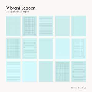 Puede incluir: Una colección de 20 papeles digitales para planificador titulados Vibrant Lagoon de Ledger & Leaf Co. El conjunto presenta páginas de color azul claro con varios diseños de cuadrícula, puntos y líneas para organizar notas.