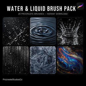 May include: A digital art pack titled "WATER & LIQUID BRUSH PACK" with 20 Procreate brushes. The image showcases six square panels with water-themed textures, including droplets, ripples, and a water splash. The bottom left corner displays the text "ProcreateStudiosCo".