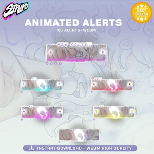 Puede incluir: Alertas animadas con una ilustración de dibujos animados. La imagen presenta el texto "ANIMATED ALERTS" y "X5 ALERTS - WEBM". Las alertas tienen una etiqueta "NEW FOLLO" y una insignia de "BEST SELLER". La parte inferior de la imagen dice "INSTANT DOWNLOAD - WEBM HIGH QUALITY".