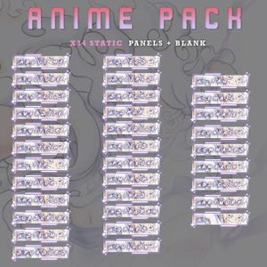 May include: A digital graphic pack labeled "ANIME PACK" with various social media and informational panels. The panels are rectangular with a light purple and white color scheme, featuring anime-style illustrations and text such as "About Me", "YouTube", and "Subscribe".