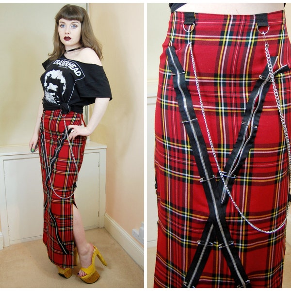 90s Grunge Punk Red Tartan Bondage Straps Safety Pins Zippers High Waist Bodycon Sex Pistols Vivienne Westwood Style Maxi Bandage Skirt XS