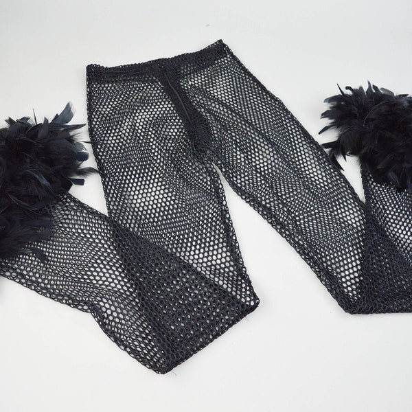 90s Y2k Goth Black Fishnet Sheer Feather Trim Trousers XXS