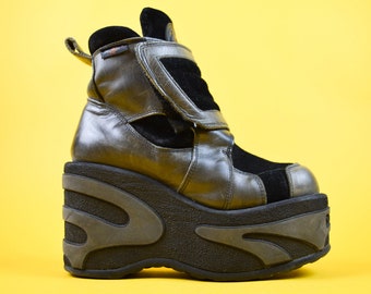 90s Destroy Grey Black Cyber Velcro Platform Wedges UK 3 / US 5.5 / EU 36