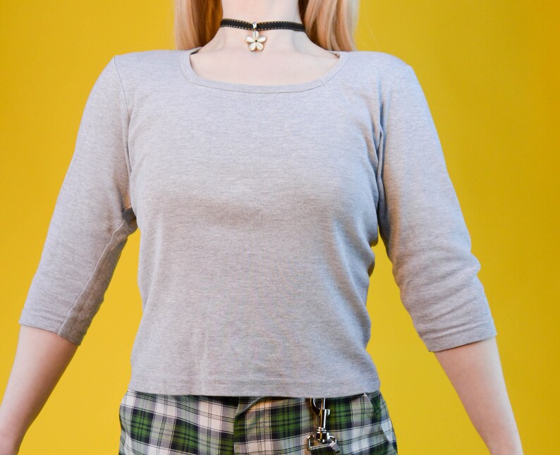 90s Y2k Heather Grey Square Neck 3 Quarter Sleeve Top S