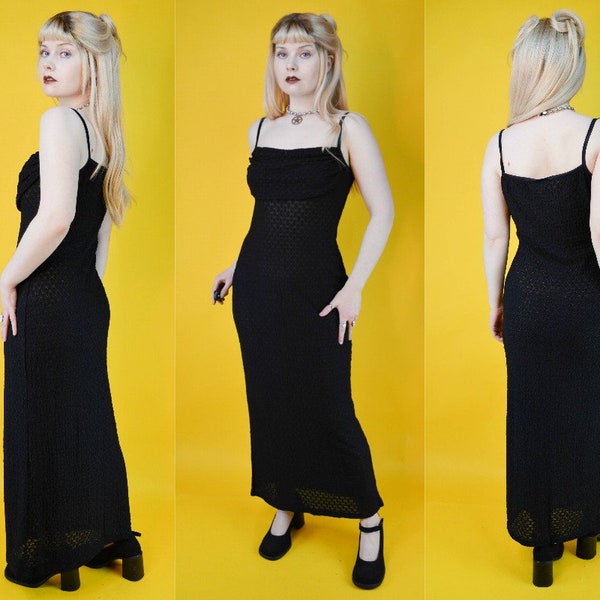 90s Black Lace Over Beige Double Layer Cowl Neck Tank Maxi Dress S / M