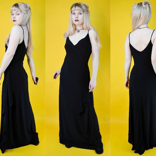 90s Gothic Black Drapey V Neck Dramatic Maxi Dress M