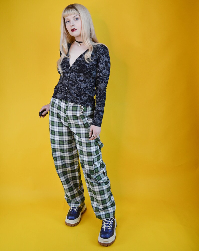 90s Y2k Grey Black Rose Print Mesh Cardigan S