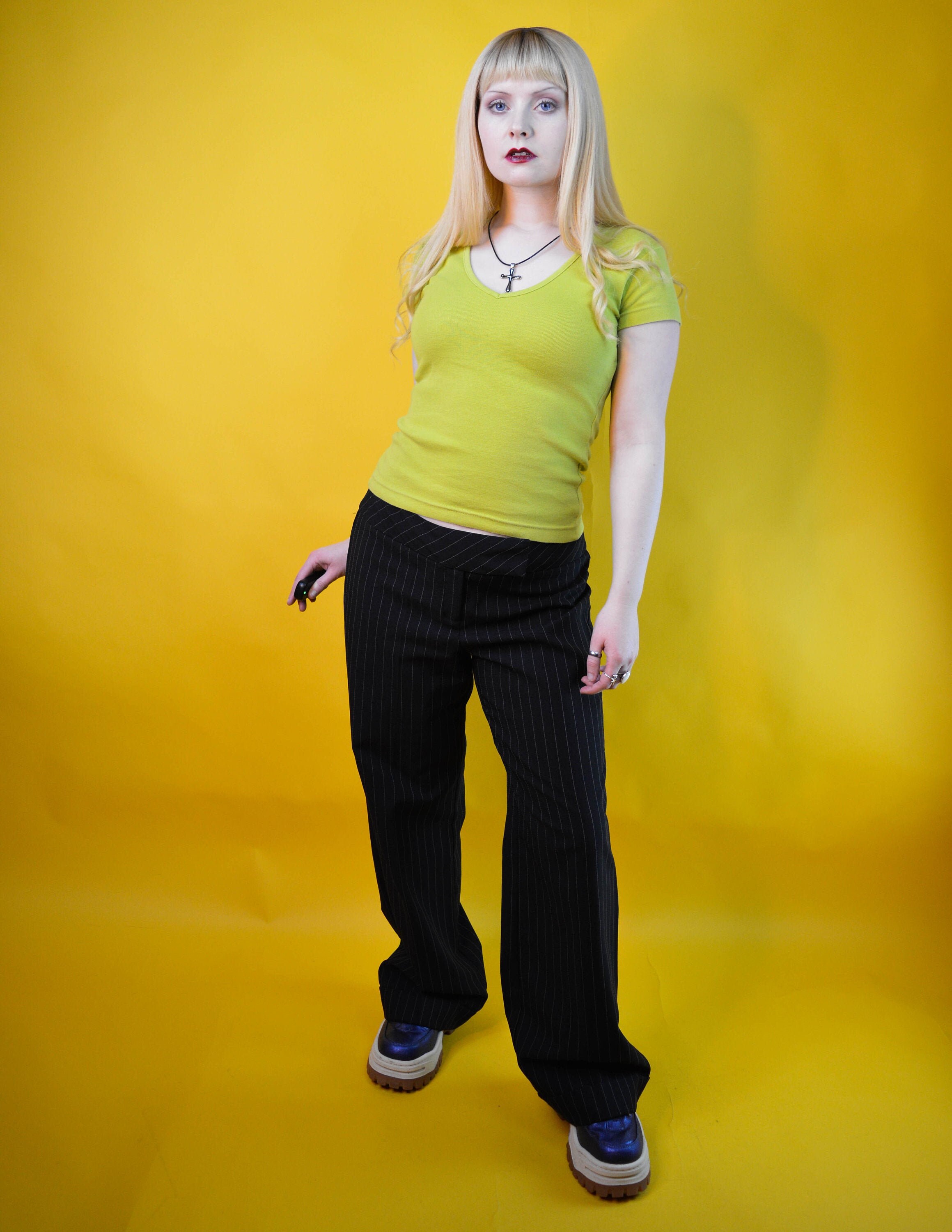 Image of S YK Lime Green Cotton V Neck T Shirt S