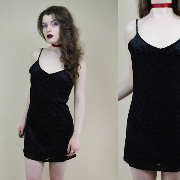 90s Grunge Goth Black Velvet Devore Burnout V Neck Spaghetti Strap Classic Slip Mini Babydoll Dress S