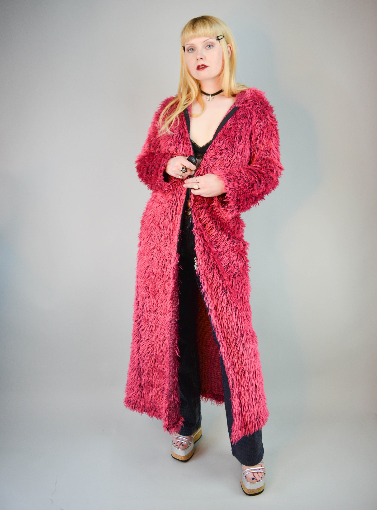 Y2k Cyber Goth Pink Shaggy Faux Fur Hooded Maxi Coat S | Etsy