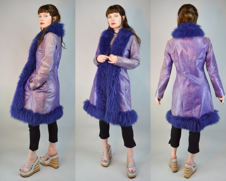 90s Does 70s RARE Purple Leather Blue Faux Fur Collar Afghan Coat S 