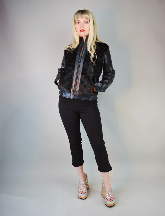 90s Y2k Goth Black PVC Faux Fur Panel 