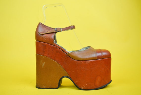 70s Rare Red Orange Leather Huge Platform Disco We