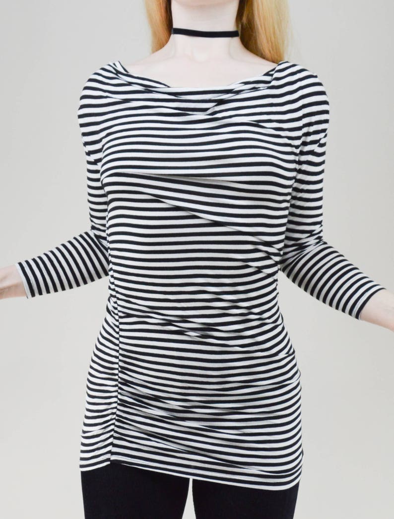 90s Black White Stripey Cowl Neck Gathered Tunic Top XS