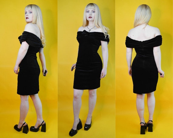 80s Gothic Black Velvet Off Shoulder Rosette Mini