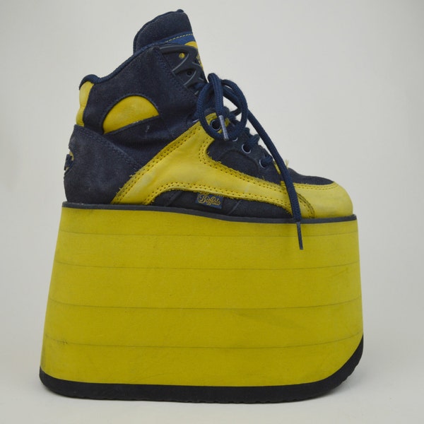 90s Rare Buffalo Spice Girls Yellow Navy Suede Leather Lace Up Clubkid Mega Platform Trainers Sneakers Boots UK 3 / US 5.5 / EU 36