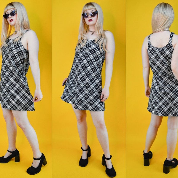 90s Grunge Clueless Black White Check Plaid Mini Dress S