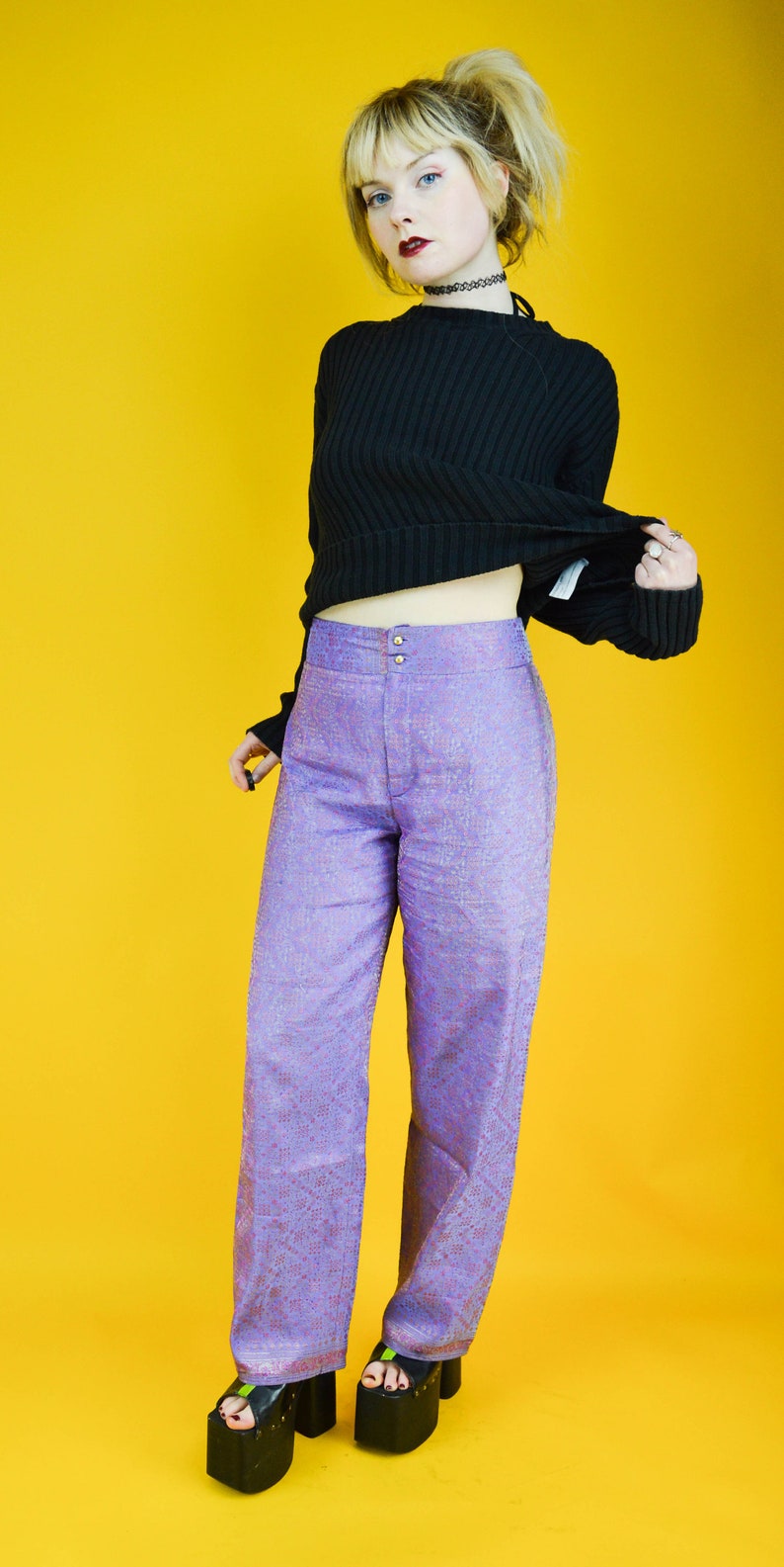 90s Lilac Gold Brocade Indian Silk High Waist Trousers S