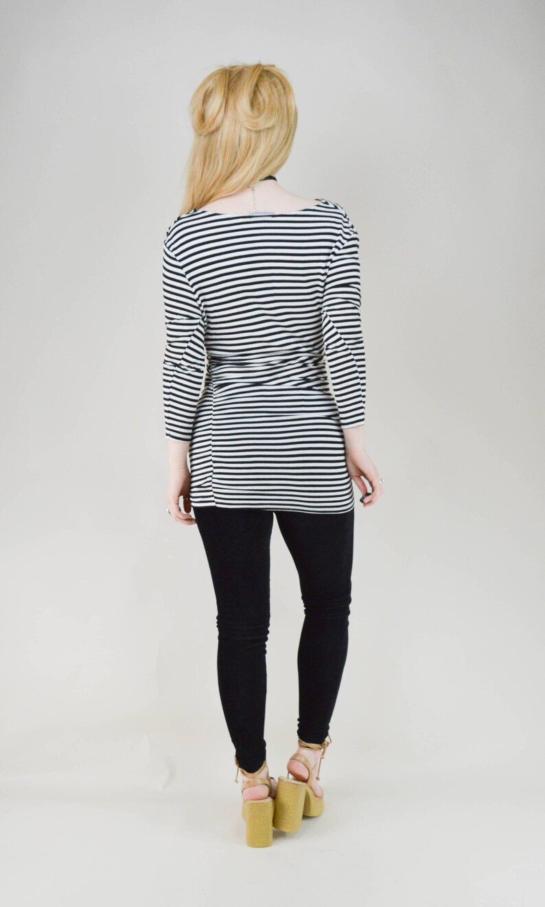 90s Black White Stripey Cowl Neck Gathered Tunic Top XS