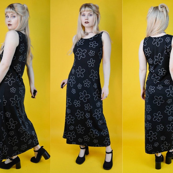90s Black Grey Daisy Print Summer Maxi Dress M