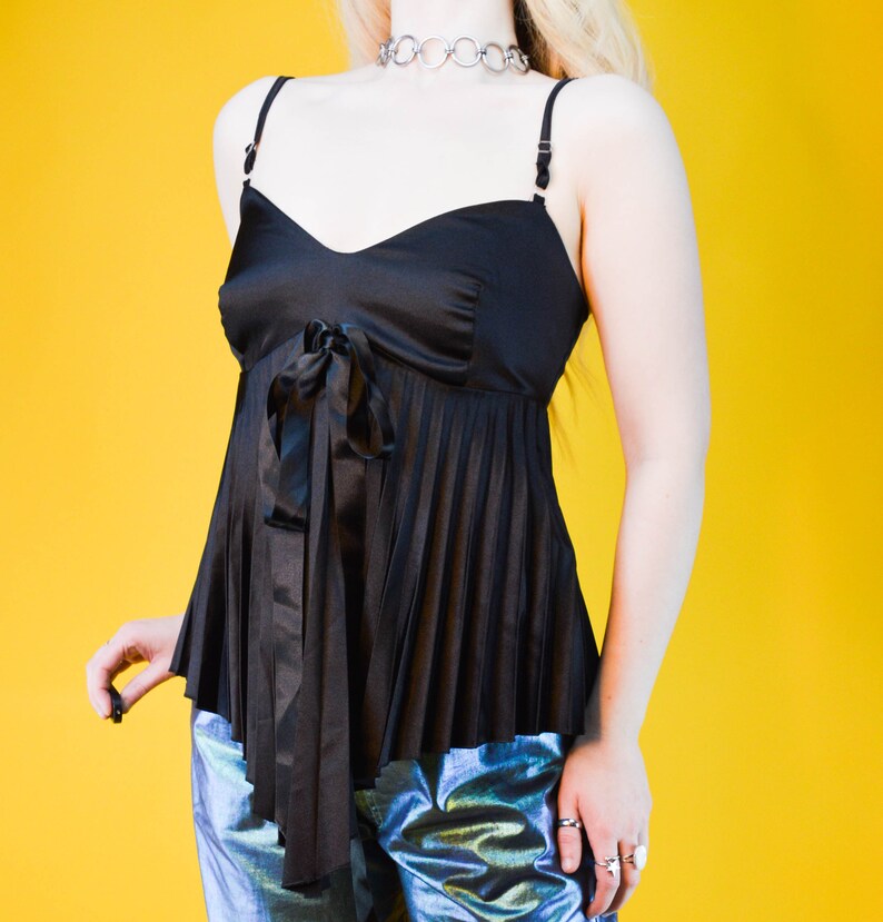 90s Gothic Black Satin Pleated Tie Front Cami Tank Top XS Etsy UK