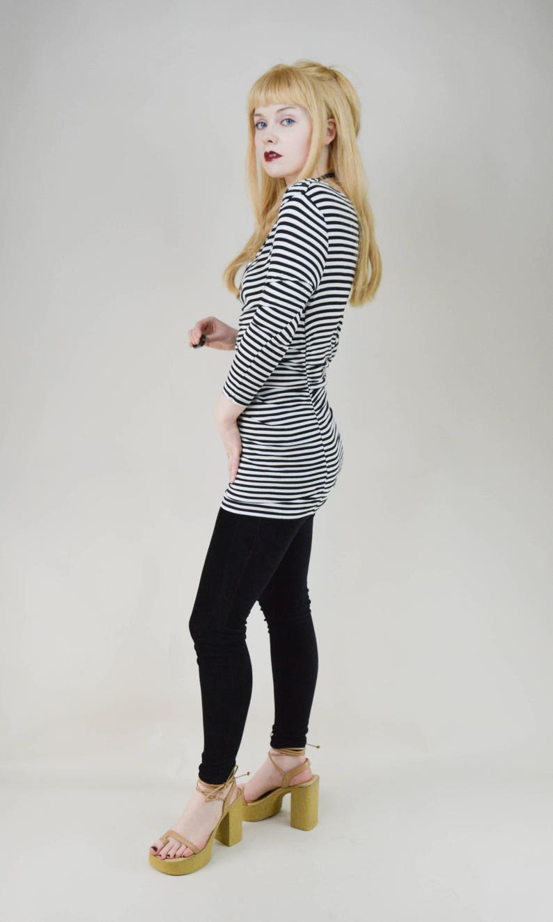 90s Black White Stripey Cowl Neck Gathered Tunic Top XS