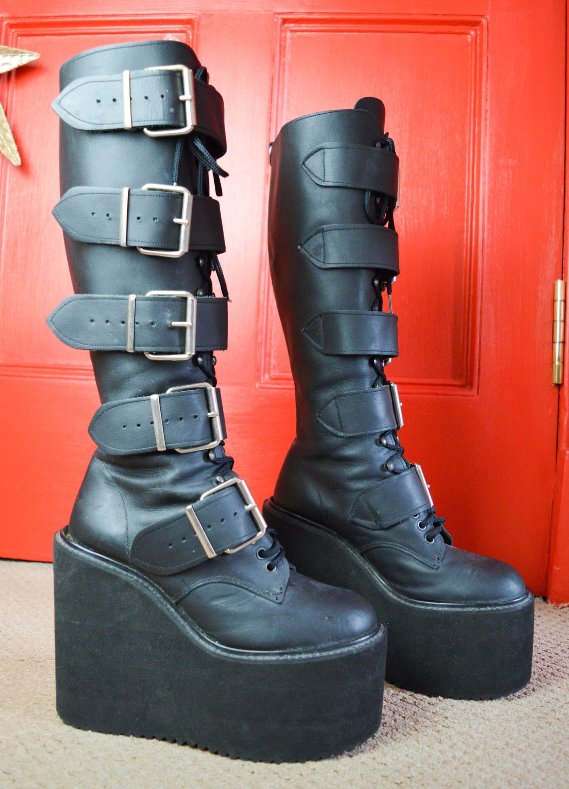 knee high black goth boots