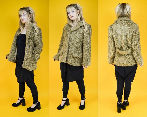 90s Beige Shaggy Faux Fur Coat M
