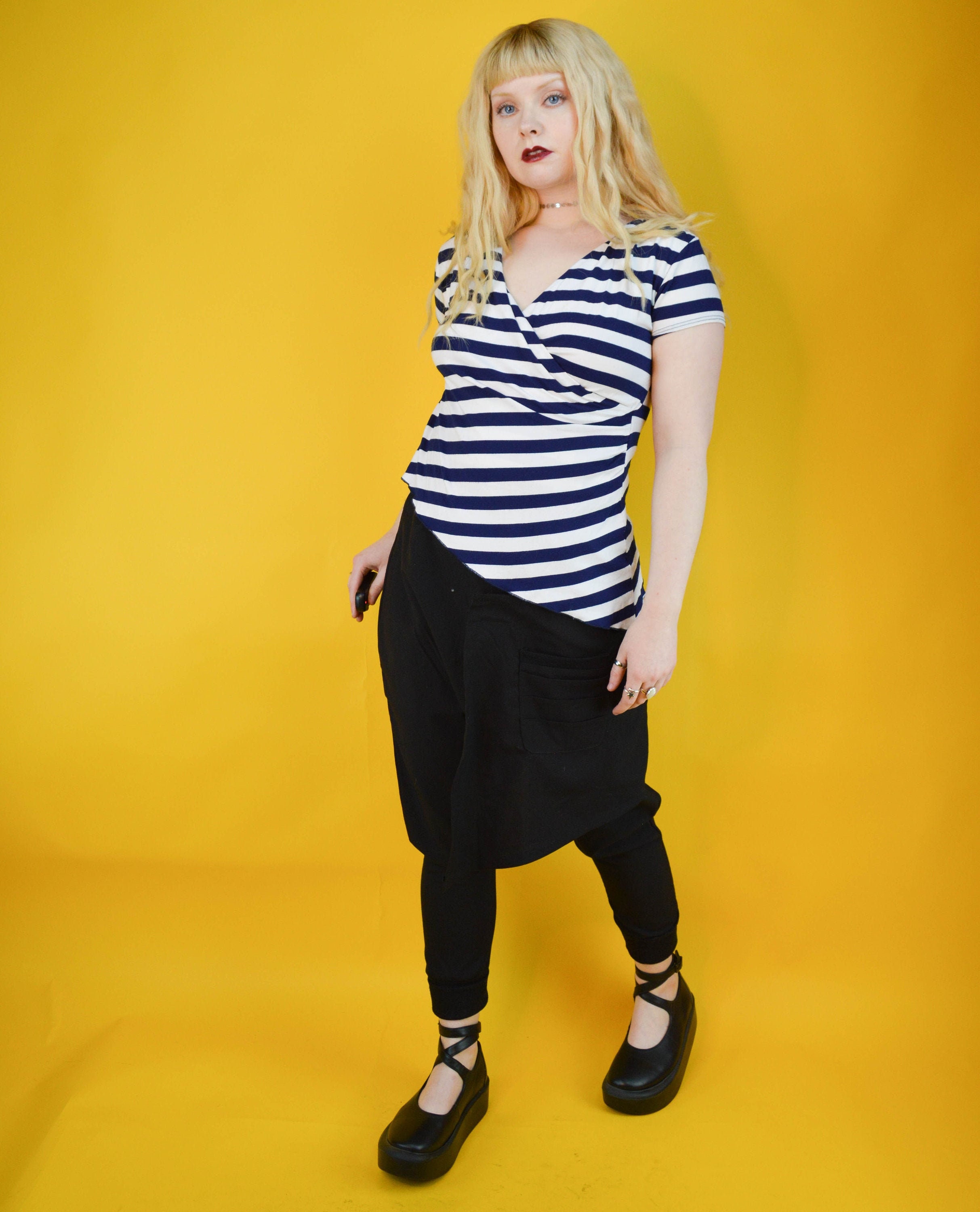 Image of YK Navy Blue White Stripe Asymmetric Wrap V Neck Top S/M