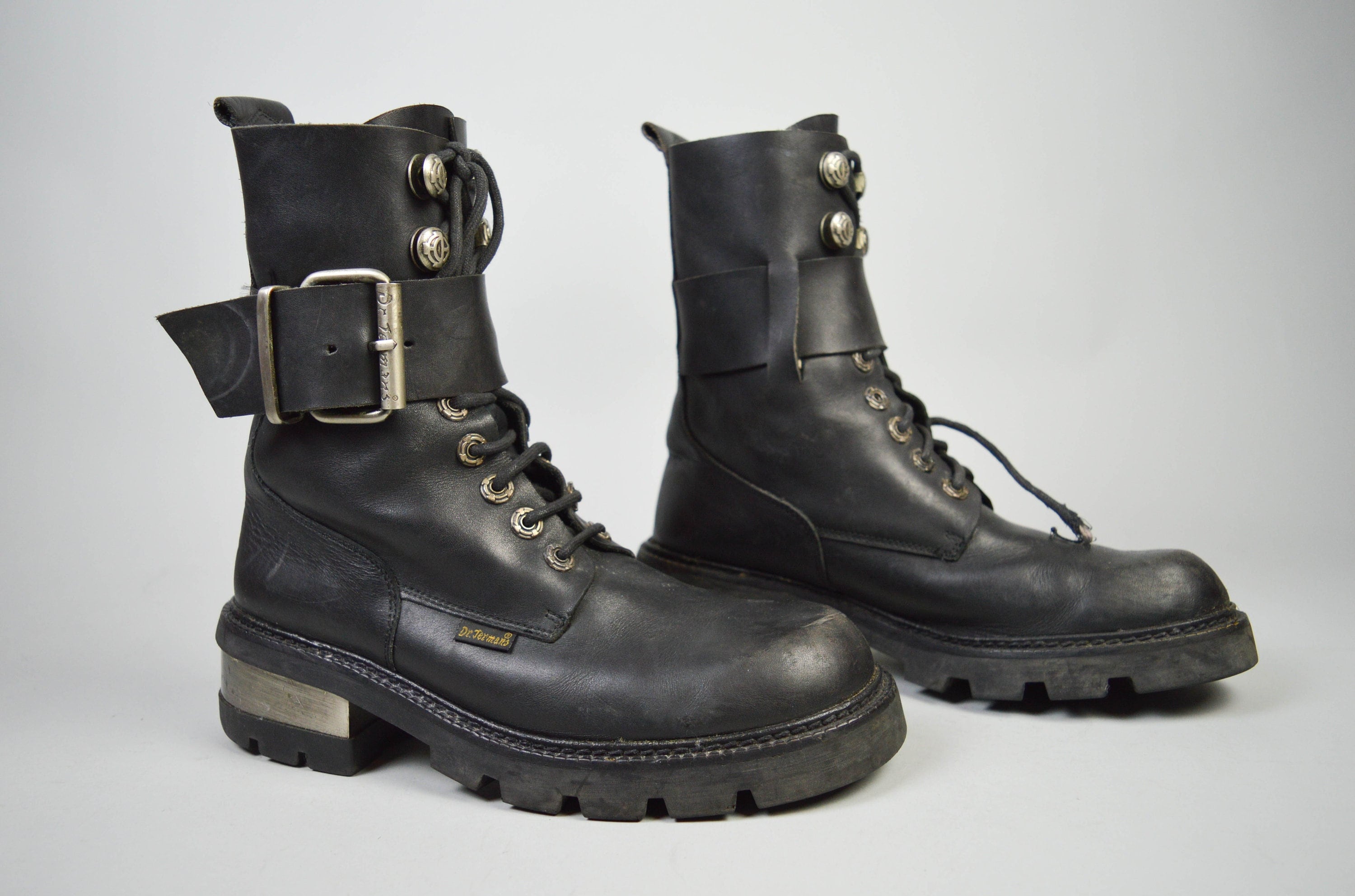Maldición frente Aparte 90s RARE Dr. Termans Black Leather Metal Heel Combat Boots Uk - Etsy